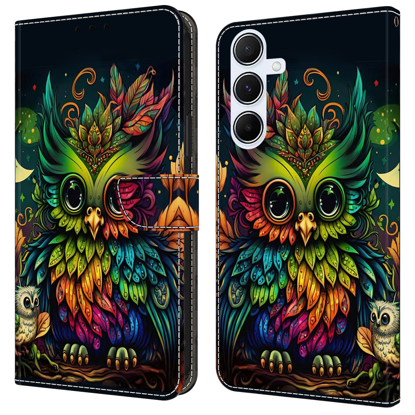 For Samsung Galaxy A16 5G / A16 4G Case Pattern Printed Protective Cover TPU+PU Leather Flip Phone Case - Colorful Owl