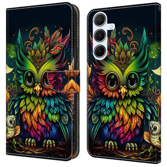 For Samsung Galaxy A16 5G / A16 4G Case Pattern Printed Protective Cover TPU+PU Leather Flip Phone Case - Colorful Owl