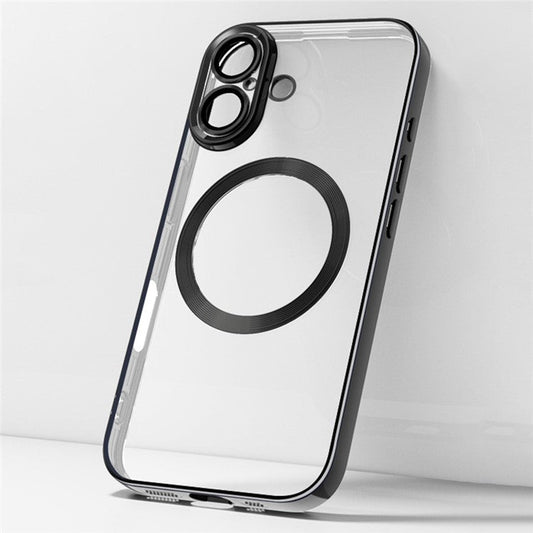 For iPhone 16 Plus Case Electroplating Anti-Drop TPU Clear Phone Cover with Lens Film Compatible with MagSafe - Black