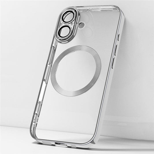For iPhone 16 Plus Case Electroplating Anti-Drop TPU Clear Phone Cover with Lens Film Compatible with MagSafe - Silver