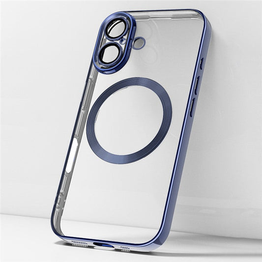 For iPhone 16 Plus Case Electroplating Anti-Drop TPU Clear Phone Cover with Lens Film Compatible with MagSafe - Dark Blue