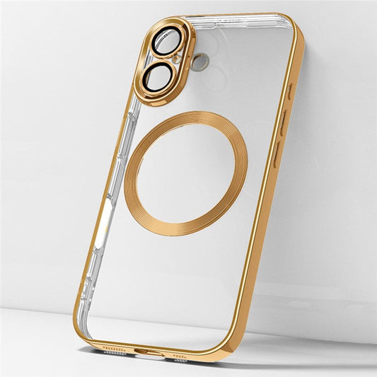 For iPhone 16 Plus Case Electroplating Anti-Drop TPU Clear Phone Cover with Lens Film Compatible with MagSafe - Gold