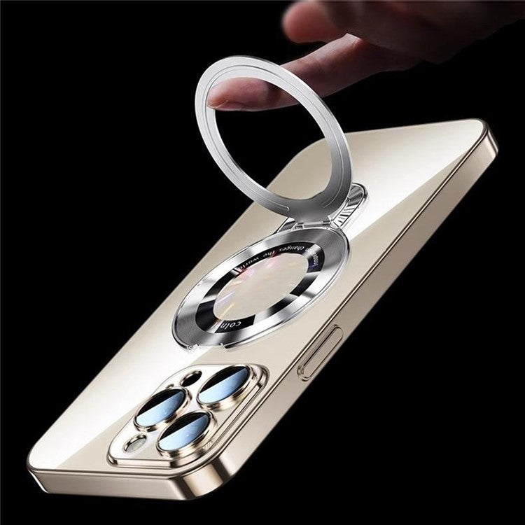 For iPhone 16 Pro Case Ring Kickstand Electroplating PC Phone Cover with Lens Film Compatible with MagSafe - Gold