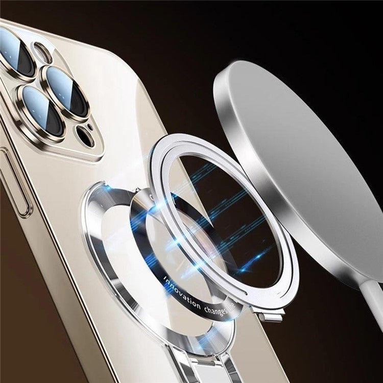 For iPhone 16 Pro Case Ring Kickstand Electroplating PC Phone Cover with Lens Film Compatible with MagSafe - Gold