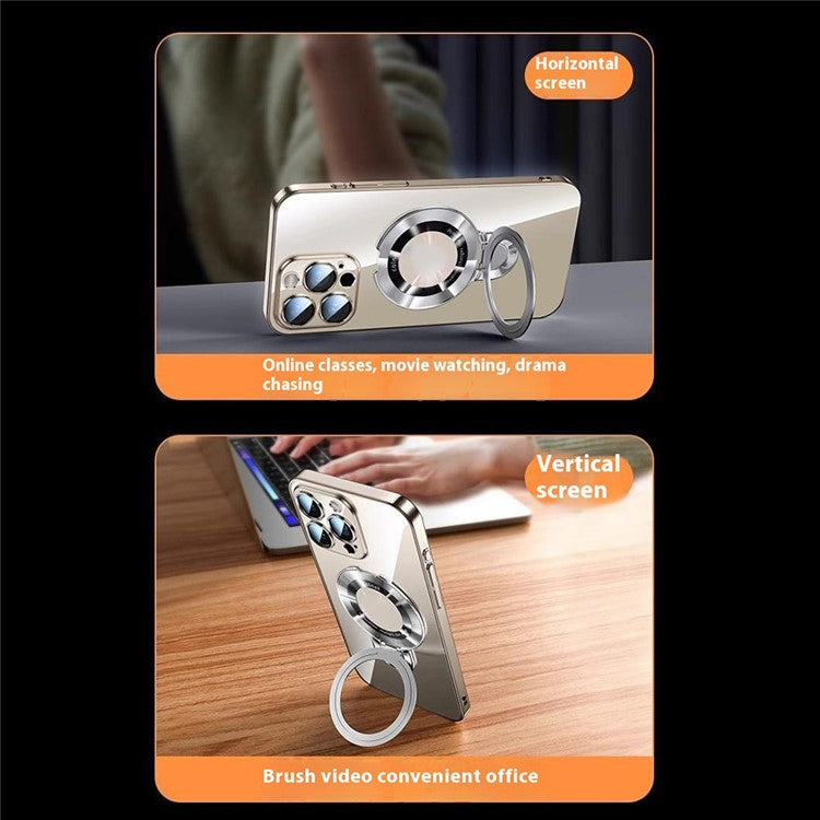 For iPhone 16 Pro Case Ring Kickstand Electroplating PC Phone Cover with Lens Film Compatible with MagSafe - Gold