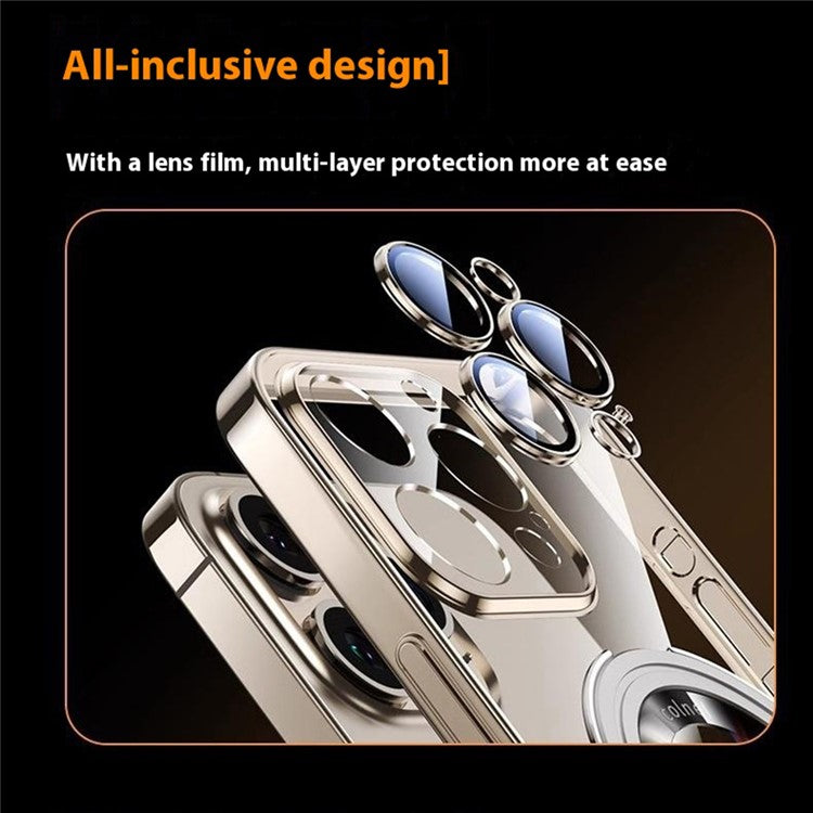 For iPhone 16 Pro Case Ring Kickstand Electroplating PC Phone Cover with Lens Film Compatible with MagSafe - Gold
