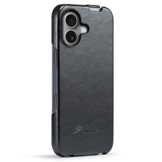 For iPhone 16 Plus Case Vertical Flip Leather Crazy Horse Texture Phone Cover - Black