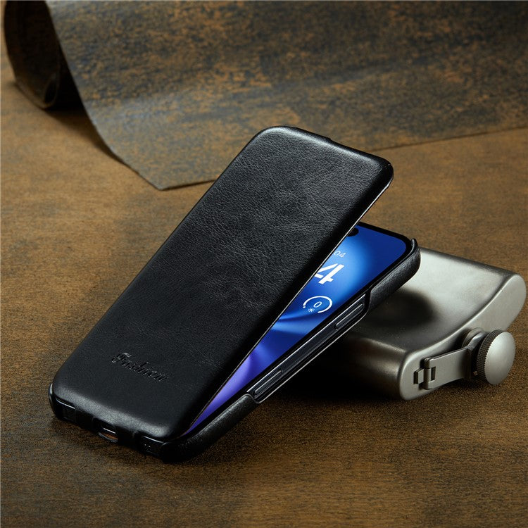 For iPhone 16 Plus Case Vertical Flip Leather Crazy Horse Texture Phone Cover - Black