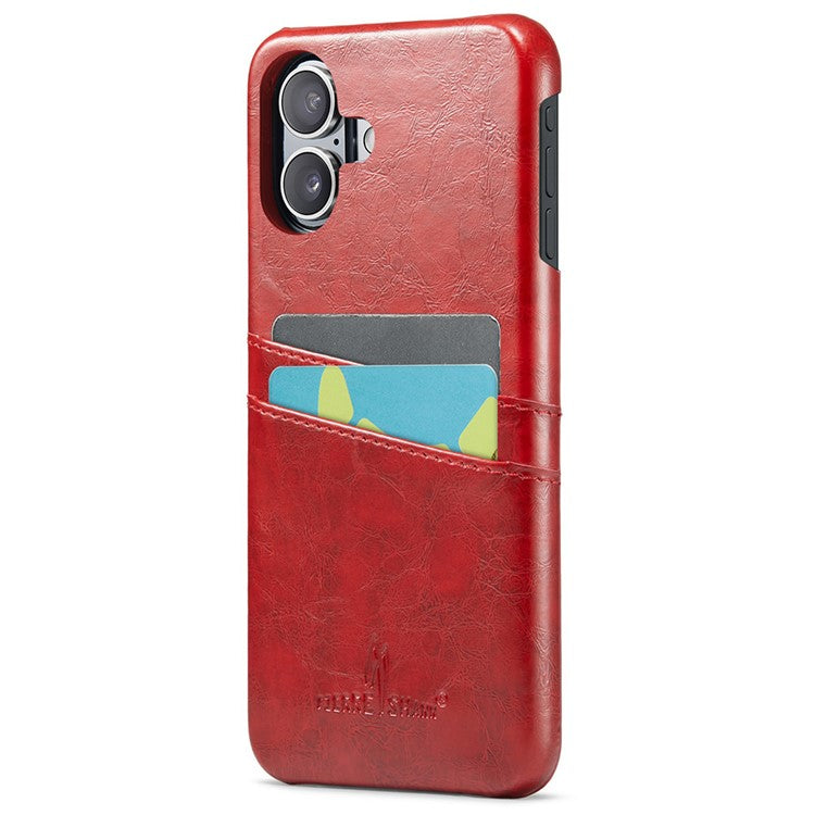 FIERRE SHANN For iPhone 16 Plus Case Waxy PU Leather+PC Card Holder Phone Cover - Red
