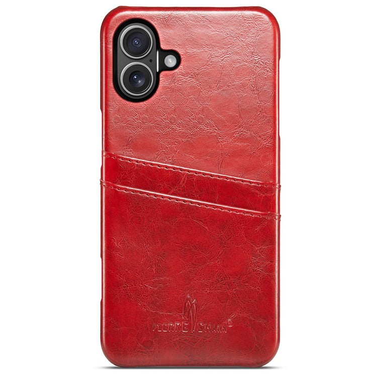 FIERRE SHANN For iPhone 16 Plus Case Waxy PU Leather+PC Card Holder Phone Cover - Red