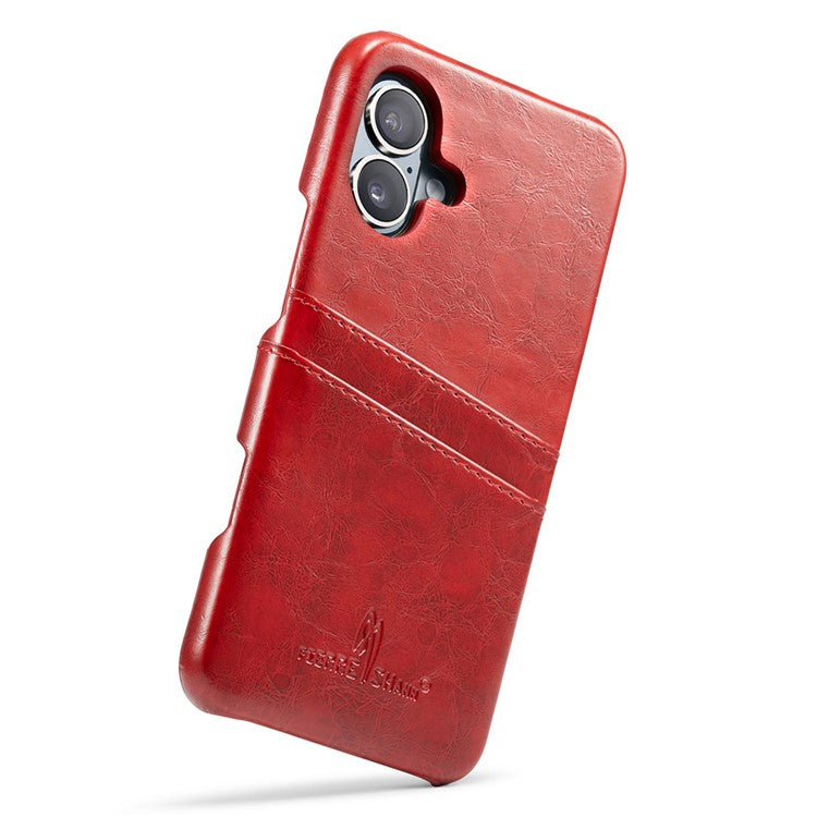 FIERRE SHANN For iPhone 16 Plus Case Waxy PU Leather+PC Card Holder Phone Cover - Red