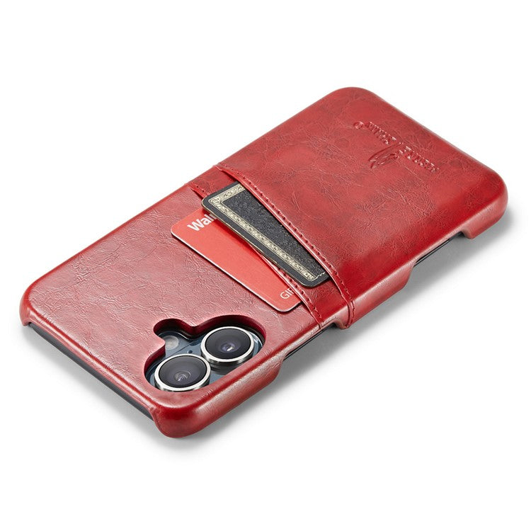 FIERRE SHANN For iPhone 16 Plus Case Waxy PU Leather+PC Card Holder Phone Cover - Red