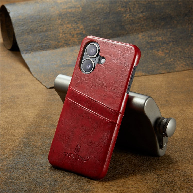FIERRE SHANN For iPhone 16 Plus Case Waxy PU Leather+PC Card Holder Phone Cover - Red