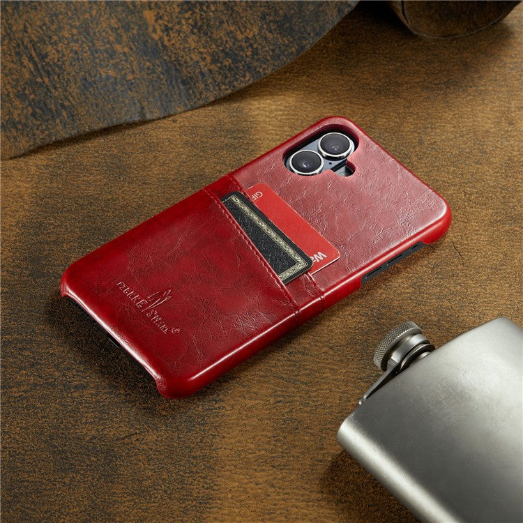 FIERRE SHANN For iPhone 16 Plus Case Waxy PU Leather+PC Card Holder Phone Cover - Red