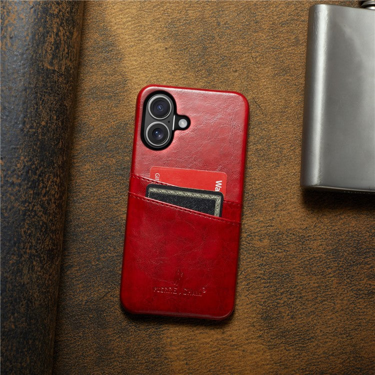FIERRE SHANN For iPhone 16 Plus Case Waxy PU Leather+PC Card Holder Phone Cover - Red
