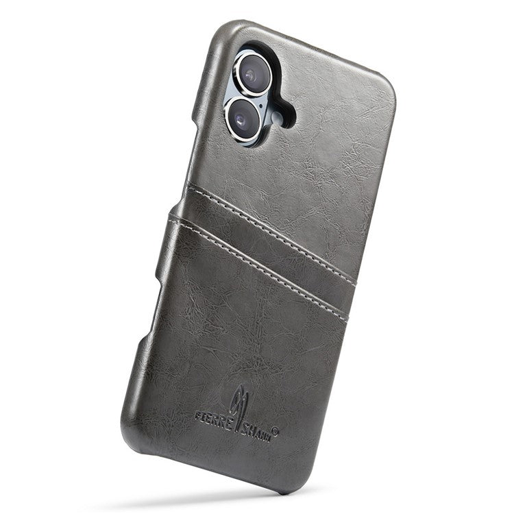 FIERRE SHANN For iPhone 16 Case Waxy PU Leather+PC Card Holder Phone Cover - Grey
