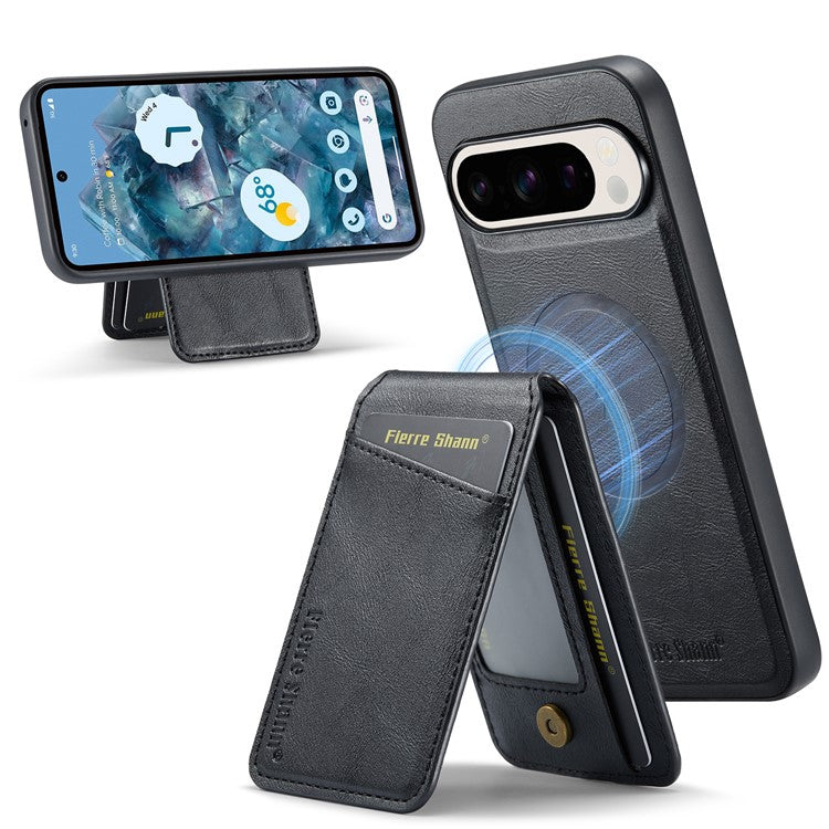 FIERRE SHANN 025 Style For Google Pixel 9 Pro XL Case Leather+TPU Detachable Card Slots Phone Cover - Black