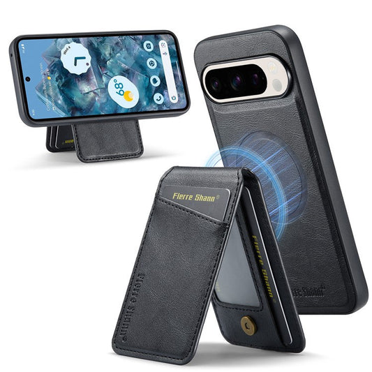 FIERRE SHANN 025 Style For Google Pixel 9 Pro XL Case Leather+TPU Detachable Card Slots Phone Cover - Black