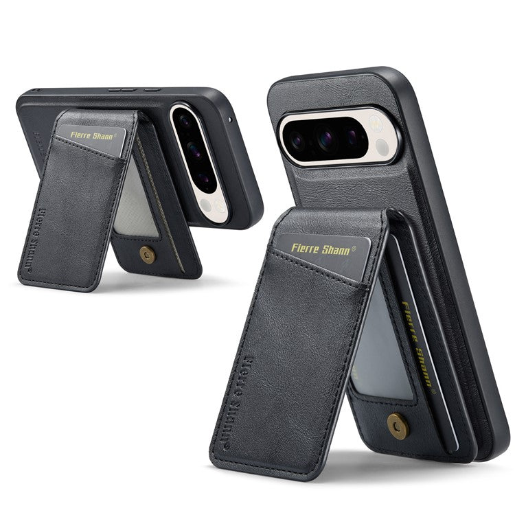 FIERRE SHANN 025 Style For Google Pixel 9 Pro XL Case Leather+TPU Detachable Card Slots Phone Cover - Black