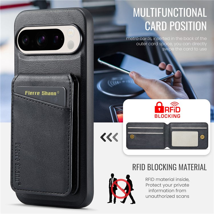 FIERRE SHANN 025 Style For Google Pixel 9 Pro XL Case Leather+TPU Detachable Card Slots Phone Cover - Black