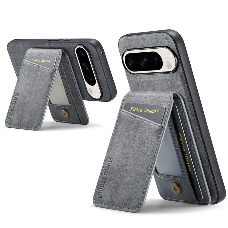 FIERRE SHANN 025 Style For Google Pixel 9 Pro XL Case Leather+TPU Detachable Card Slots Phone Cover - Grey