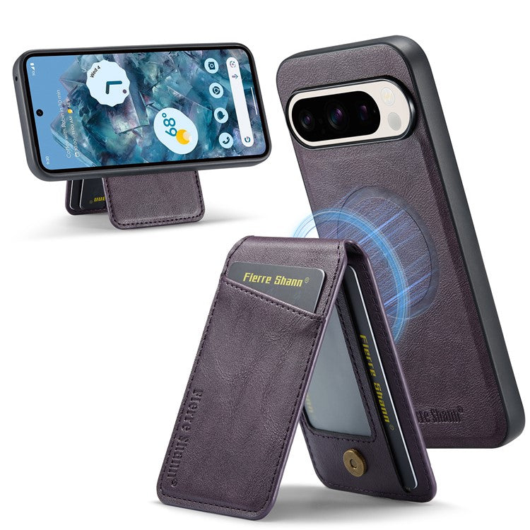 FIERRE SHANN 025 Style For Google Pixel 9 Pro XL Case Leather+TPU Detachable Card Slots Phone Cover - Purple