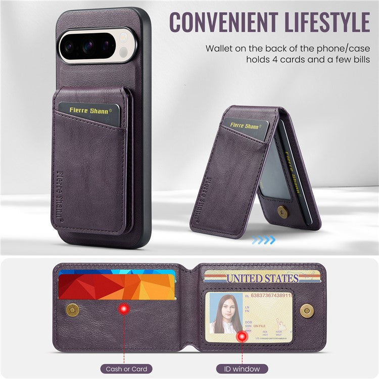 FIERRE SHANN 025 Style For Google Pixel 9 Pro XL Case Leather+TPU Detachable Card Slots Phone Cover - Purple