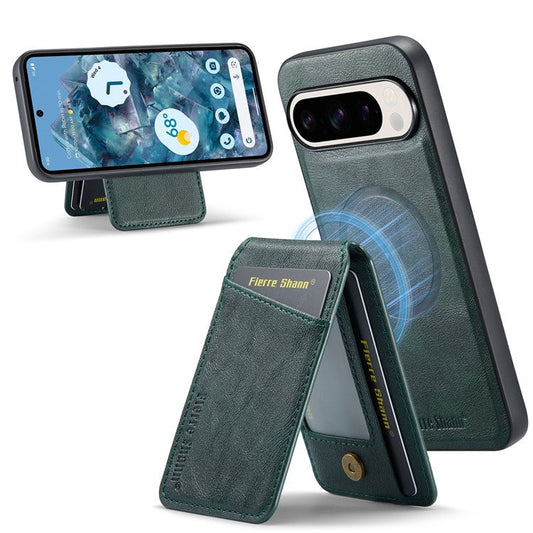 FIERRE SHANN 025 Style For Google Pixel 9 Pro XL Case Leather+TPU Detachable Card Slots Phone Cover - Green