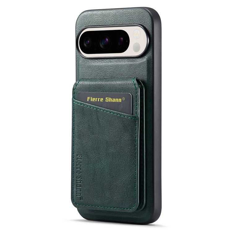 FIERRE SHANN 025 Style For Google Pixel 9 Pro XL Case Leather+TPU Detachable Card Slots Phone Cover - Green