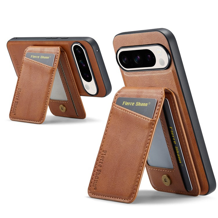 FIERRE SHANN 025 Style For Google Pixel 9 Pro XL Case Leather+TPU Detachable Card Slots Phone Cover - Brown