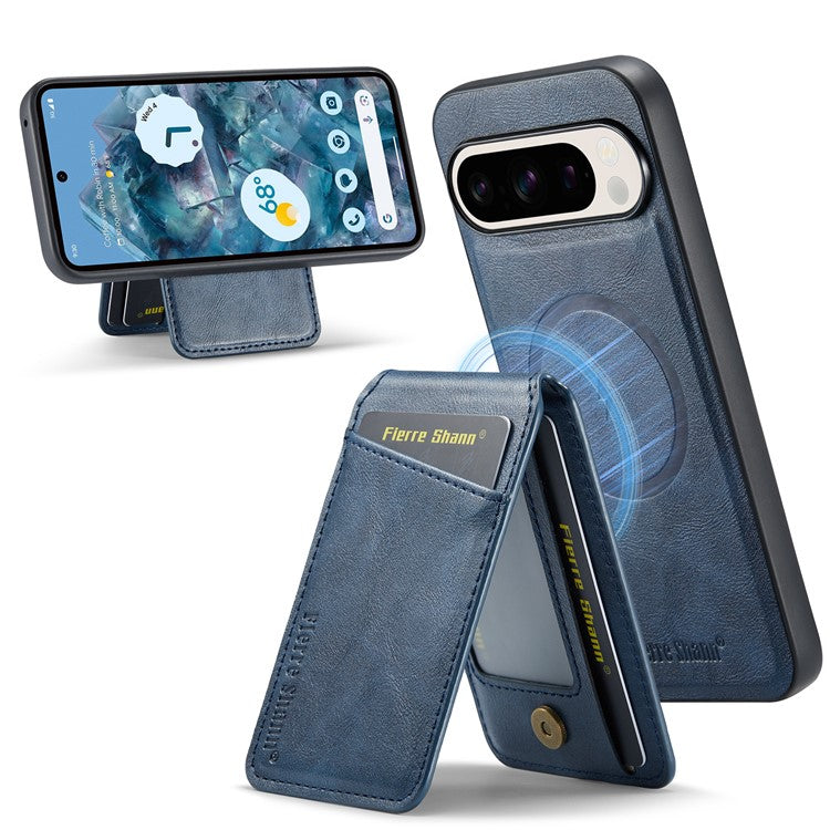 FIERRE SHANN 025 Style For Google Pixel 9 Pro XL Case Leather+TPU Detachable Card Slots Phone Cover - Blue