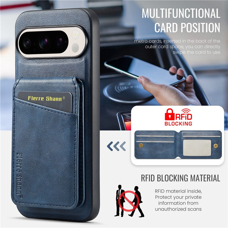 FIERRE SHANN 025 Style For Google Pixel 9 Pro XL Case Leather+TPU Detachable Card Slots Phone Cover - Blue
