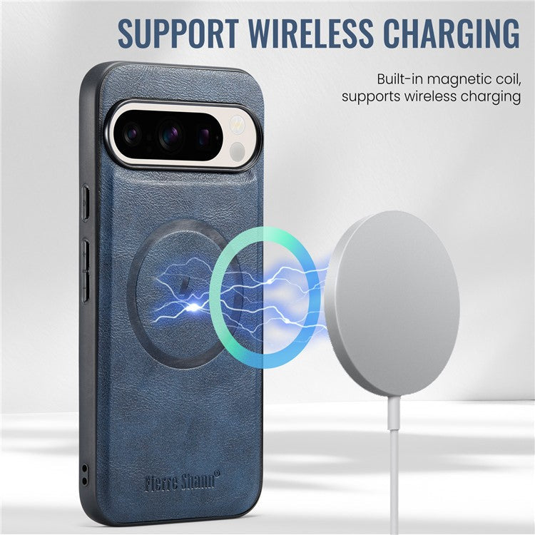 FIERRE SHANN 025 Style For Google Pixel 9 Pro XL Case Leather+TPU Detachable Card Slots Phone Cover - Blue