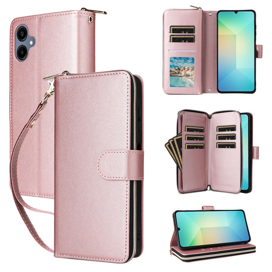 R20 For Samsung Galaxy A06 Case Zipper Pocket PU Leather Cover with 9 Card Slots - Rose Gold