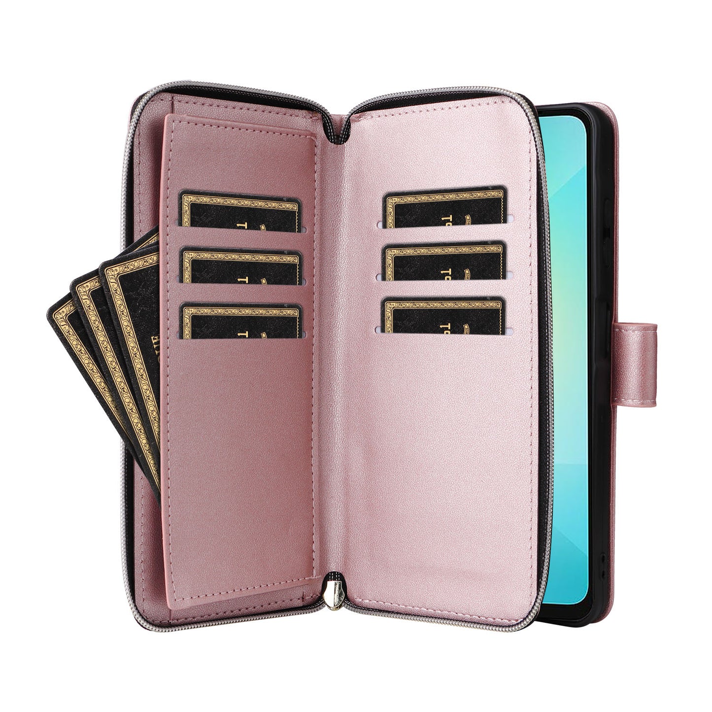 R20 For Samsung Galaxy A06 Case Zipper Pocket PU Leather Cover with 9 Card Slots - Rose Gold