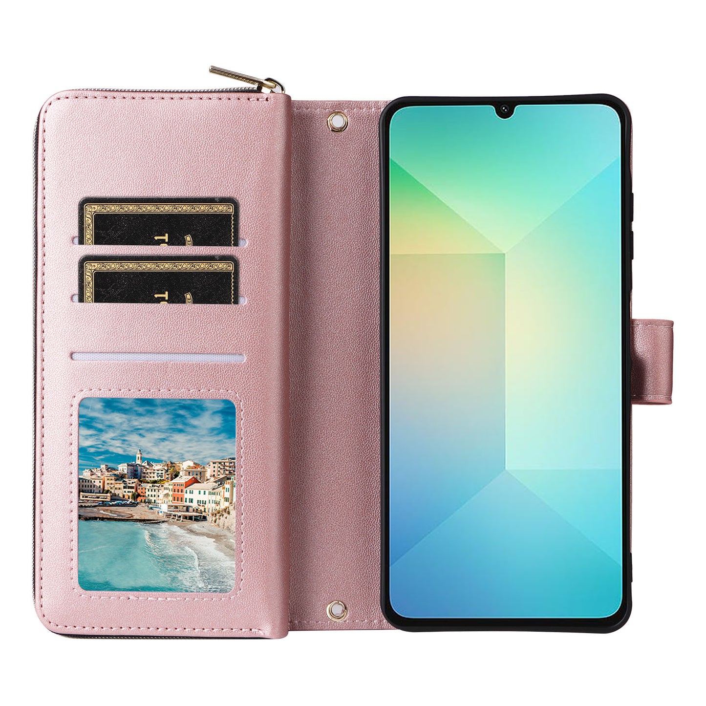R20 For Samsung Galaxy A06 Case Zipper Pocket PU Leather Cover with 9 Card Slots - Rose Gold