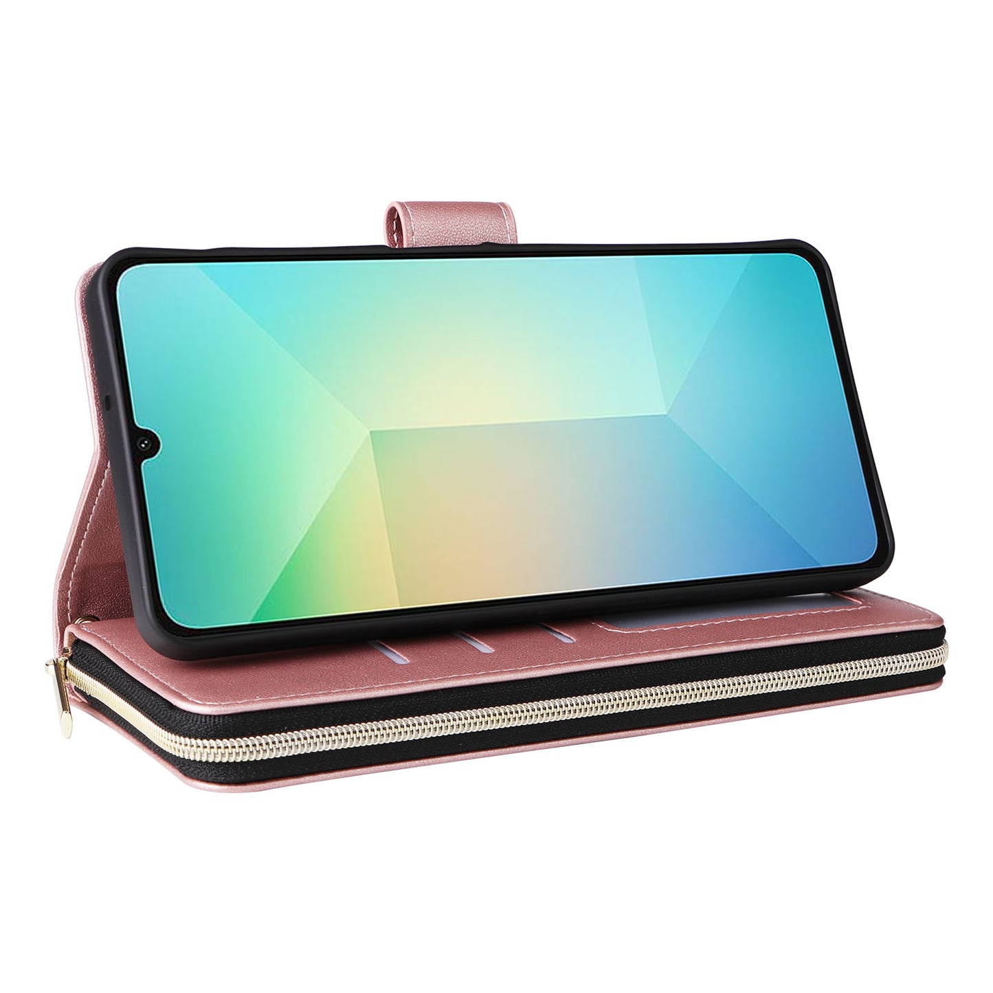 R20 For Samsung Galaxy A06 Case Zipper Pocket PU Leather Cover with 9 Card Slots - Rose Gold