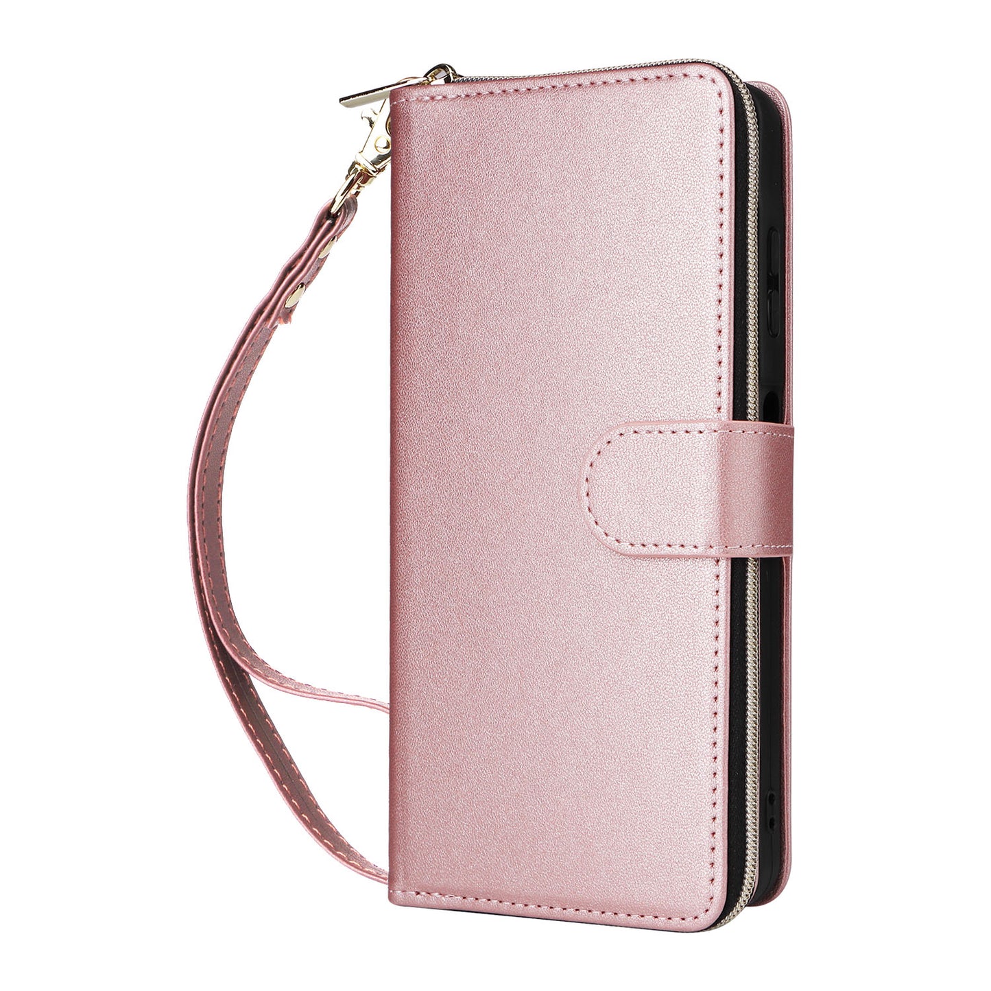 R20 For Samsung Galaxy A06 Case Zipper Pocket PU Leather Cover with 9 Card Slots - Rose Gold