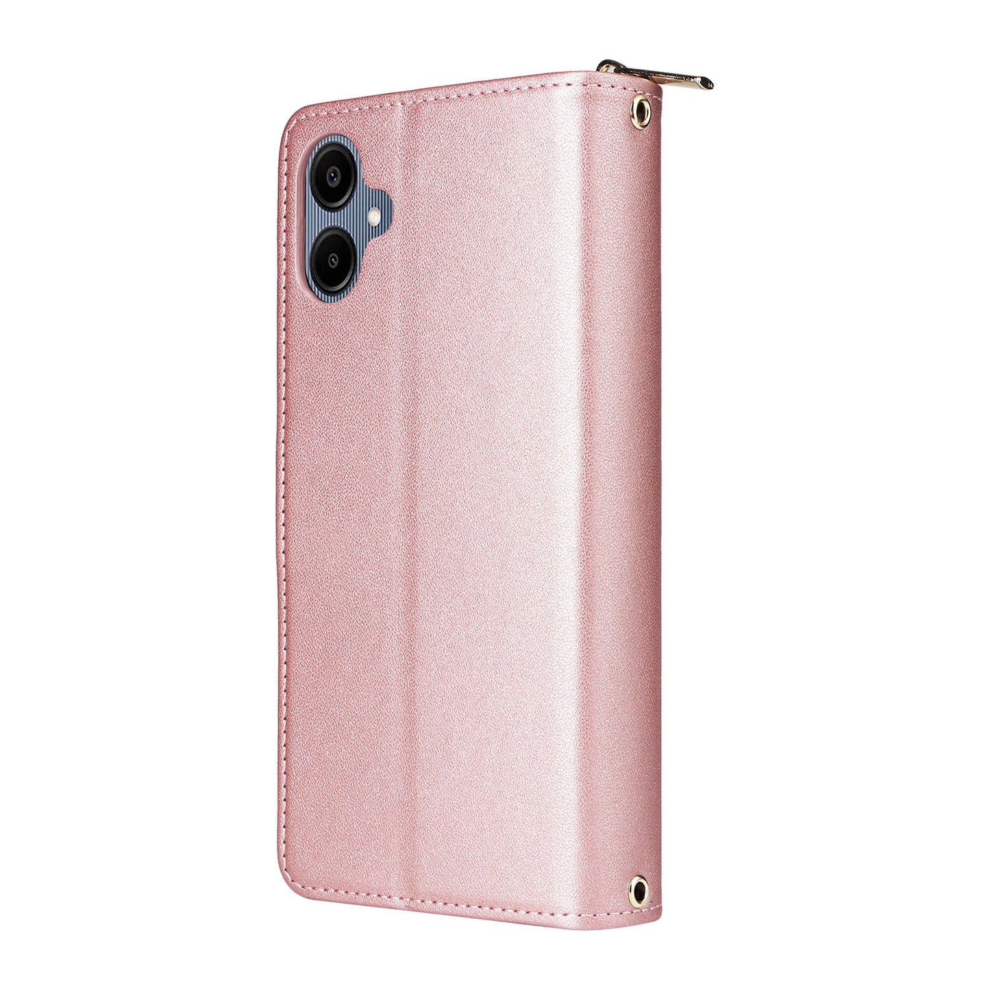 R20 For Samsung Galaxy A06 Case Zipper Pocket PU Leather Cover with 9 Card Slots - Rose Gold