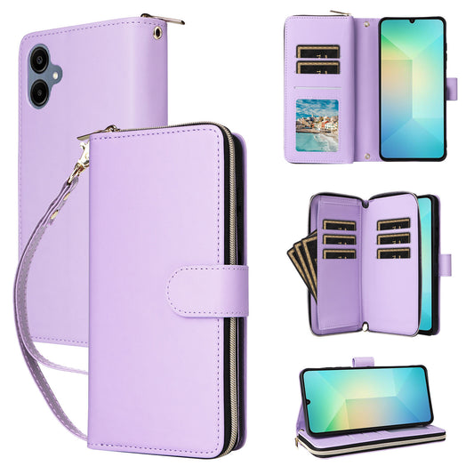 R20 For Samsung Galaxy A06 Case Zipper Pocket PU Leather Cover with 9 Card Slots - Light Purple