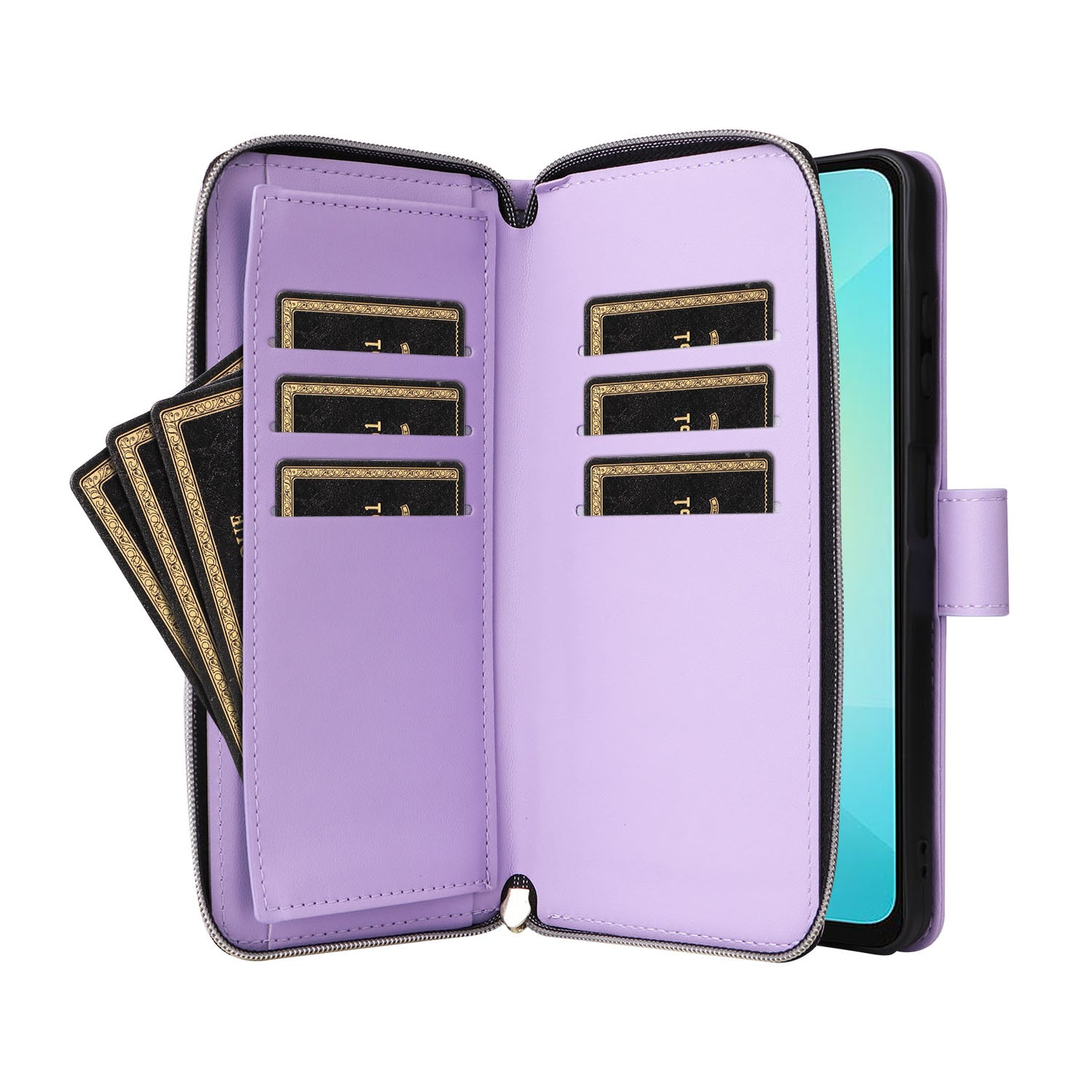 R20 For Samsung Galaxy A06 Case Zipper Pocket PU Leather Cover with 9 Card Slots - Light Purple