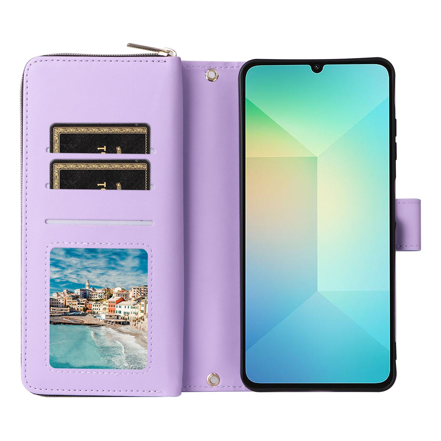 R20 For Samsung Galaxy A06 Case Zipper Pocket PU Leather Cover with 9 Card Slots - Light Purple