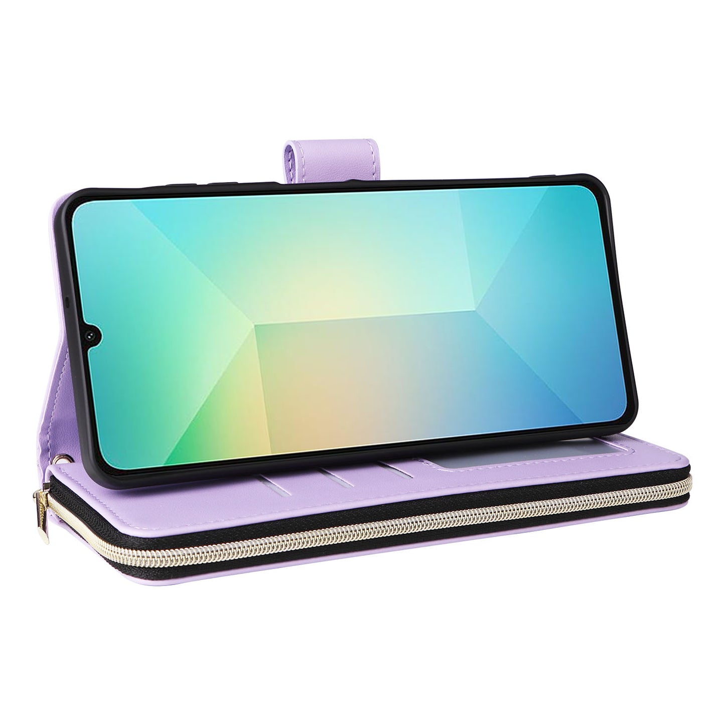 R20 For Samsung Galaxy A06 Case Zipper Pocket PU Leather Cover with 9 Card Slots - Light Purple