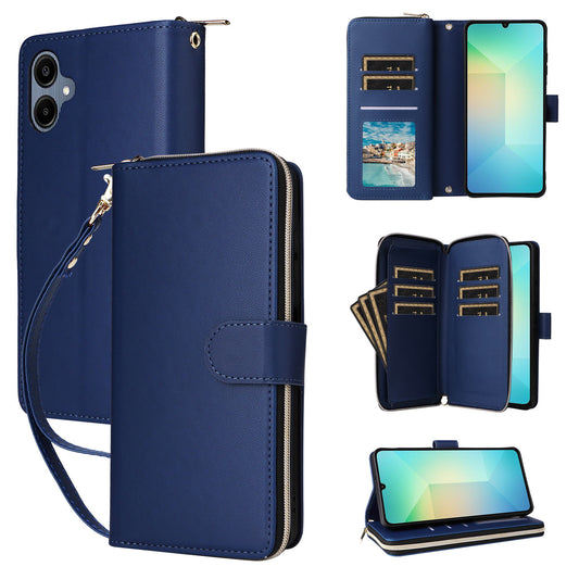 R20 For Samsung Galaxy A06 Case Zipper Pocket PU Leather Cover with 9 Card Slots - Blue