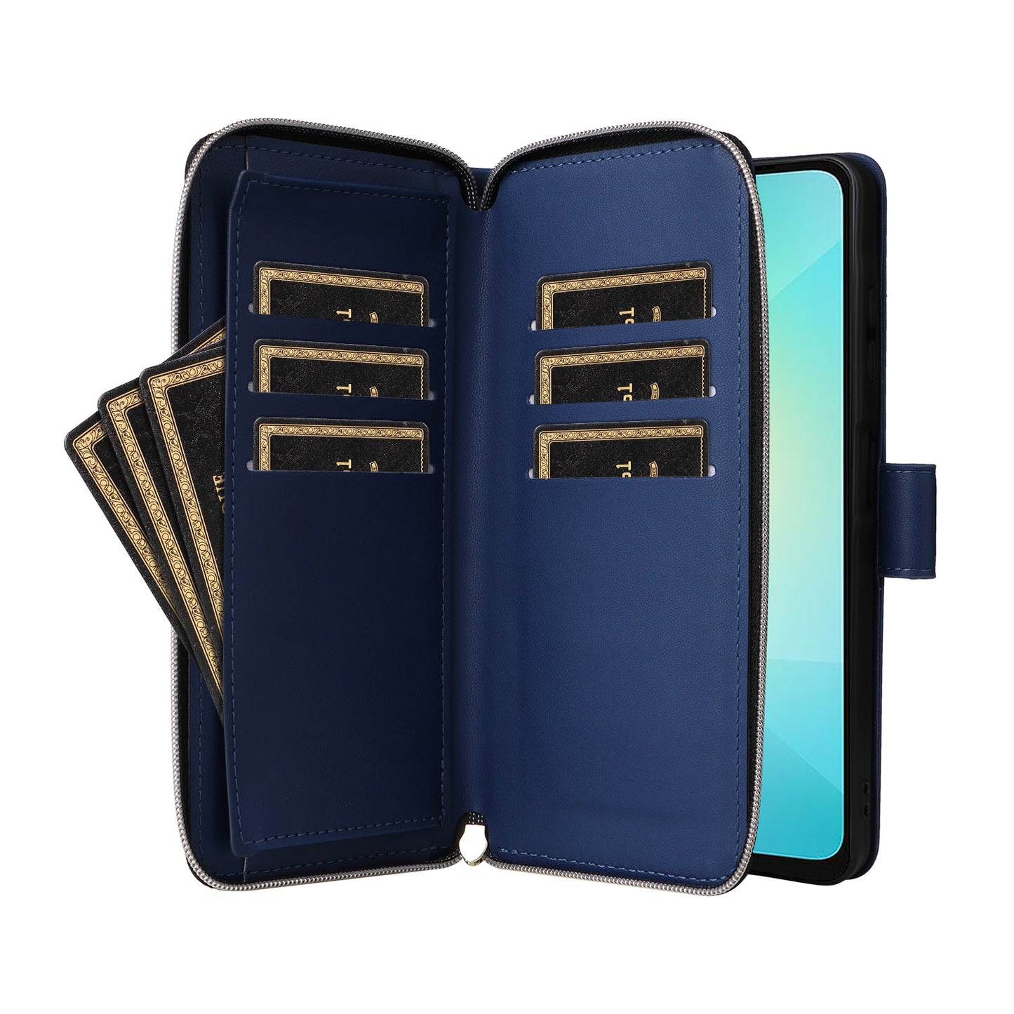 R20 For Samsung Galaxy A06 Case Zipper Pocket PU Leather Cover with 9 Card Slots - Blue