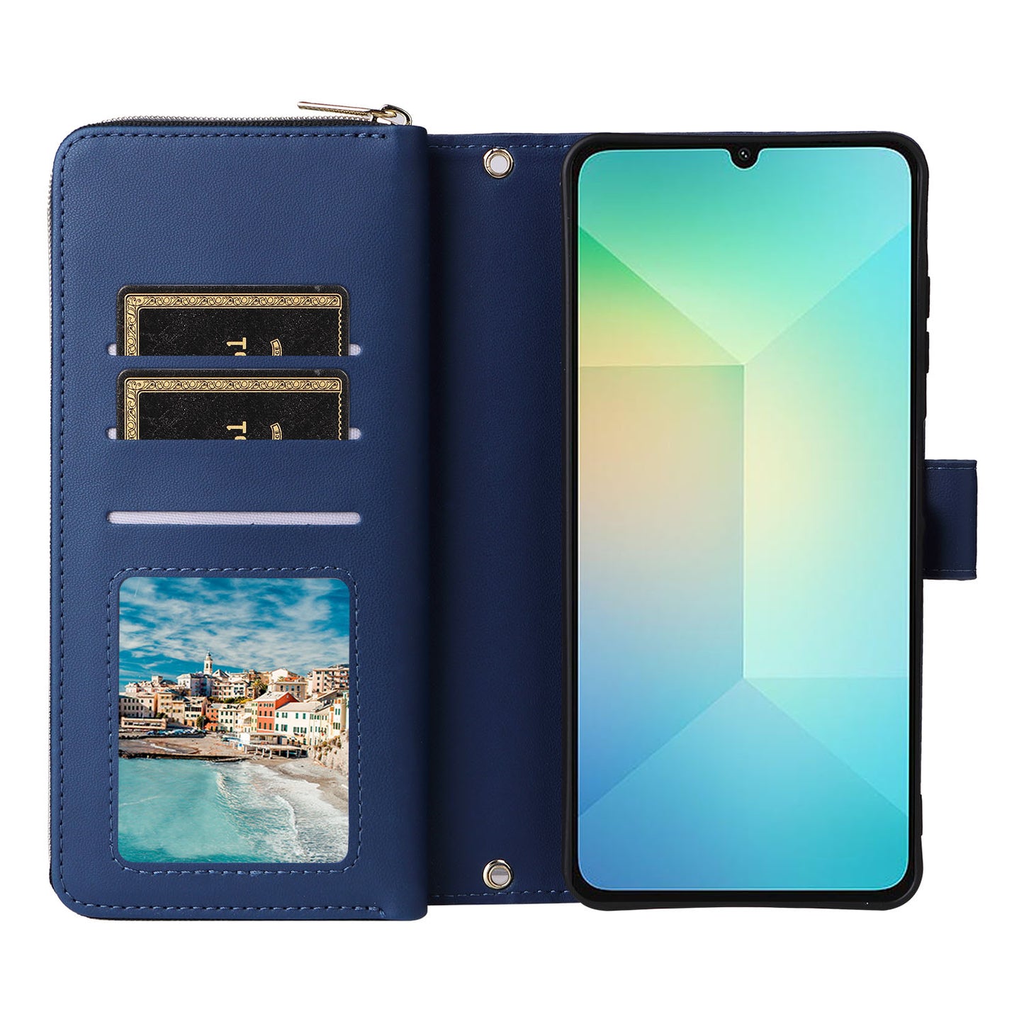 R20 For Samsung Galaxy A06 Case Zipper Pocket PU Leather Cover with 9 Card Slots - Blue