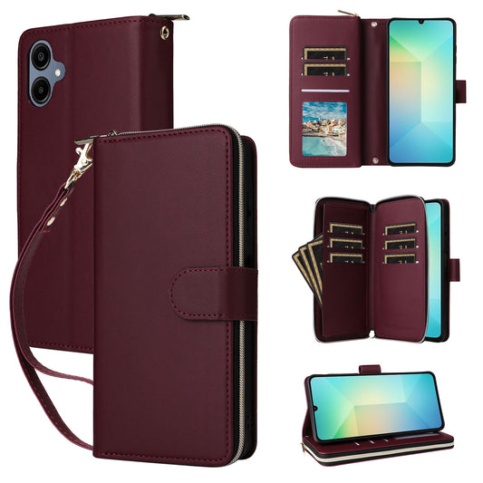 R20 For Samsung Galaxy A06 Case Zipper Pocket PU Leather Cover with 9 Card Slots - Wine Red