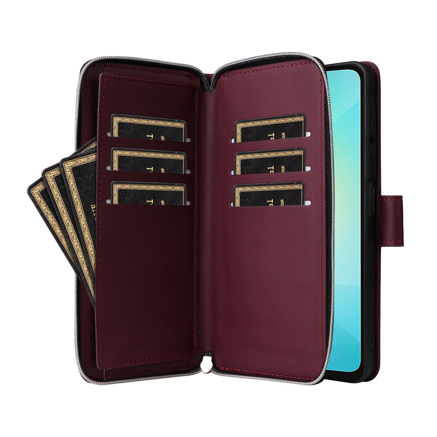 R20 For Samsung Galaxy A06 Case Zipper Pocket PU Leather Cover with 9 Card Slots - Wine Red