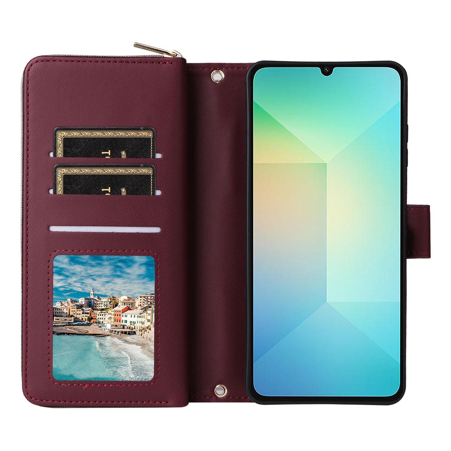 R20 For Samsung Galaxy A06 Case Zipper Pocket PU Leather Cover with 9 Card Slots - Wine Red