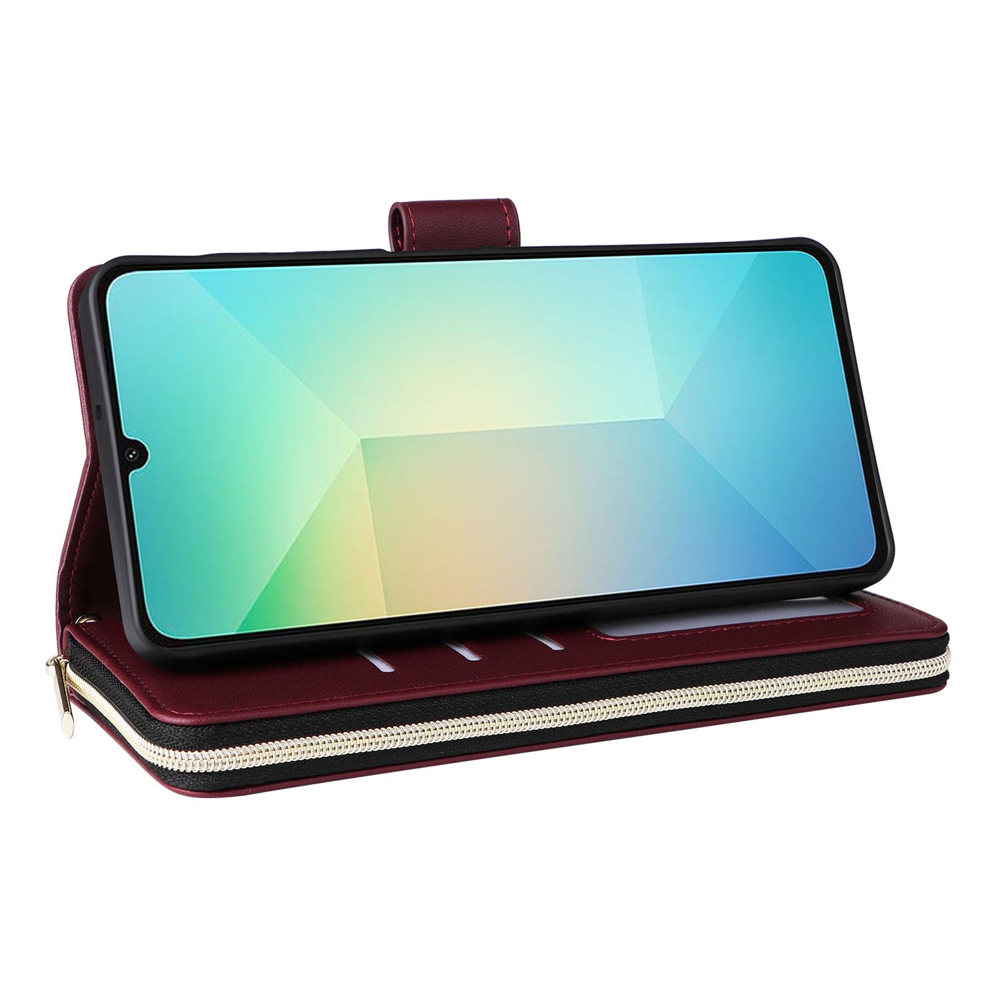R20 For Samsung Galaxy A06 Case Zipper Pocket PU Leather Cover with 9 Card Slots - Wine Red